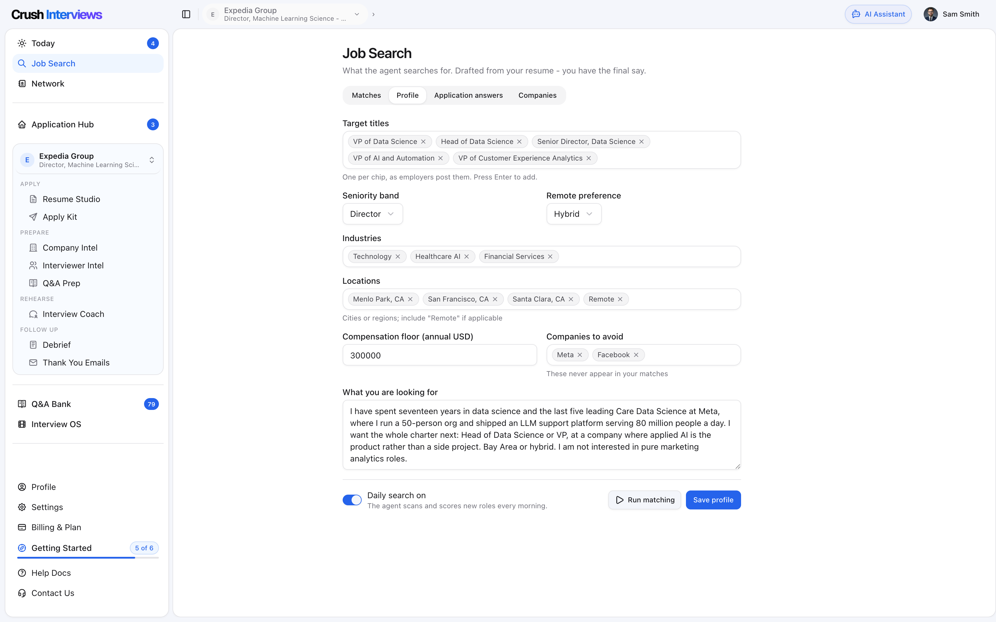 The search profile, drafted from your resume