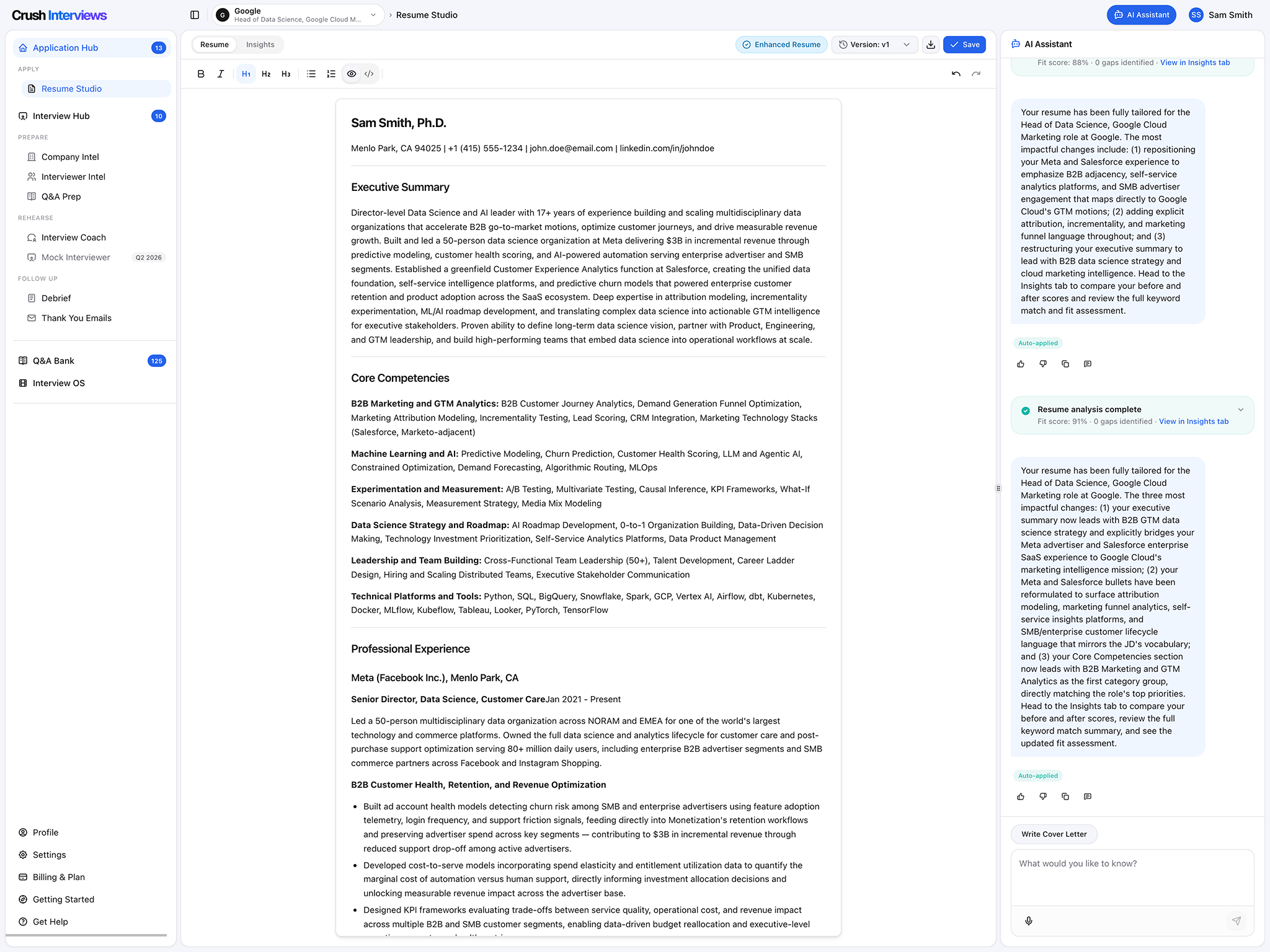 Resume Studio insights and scoring